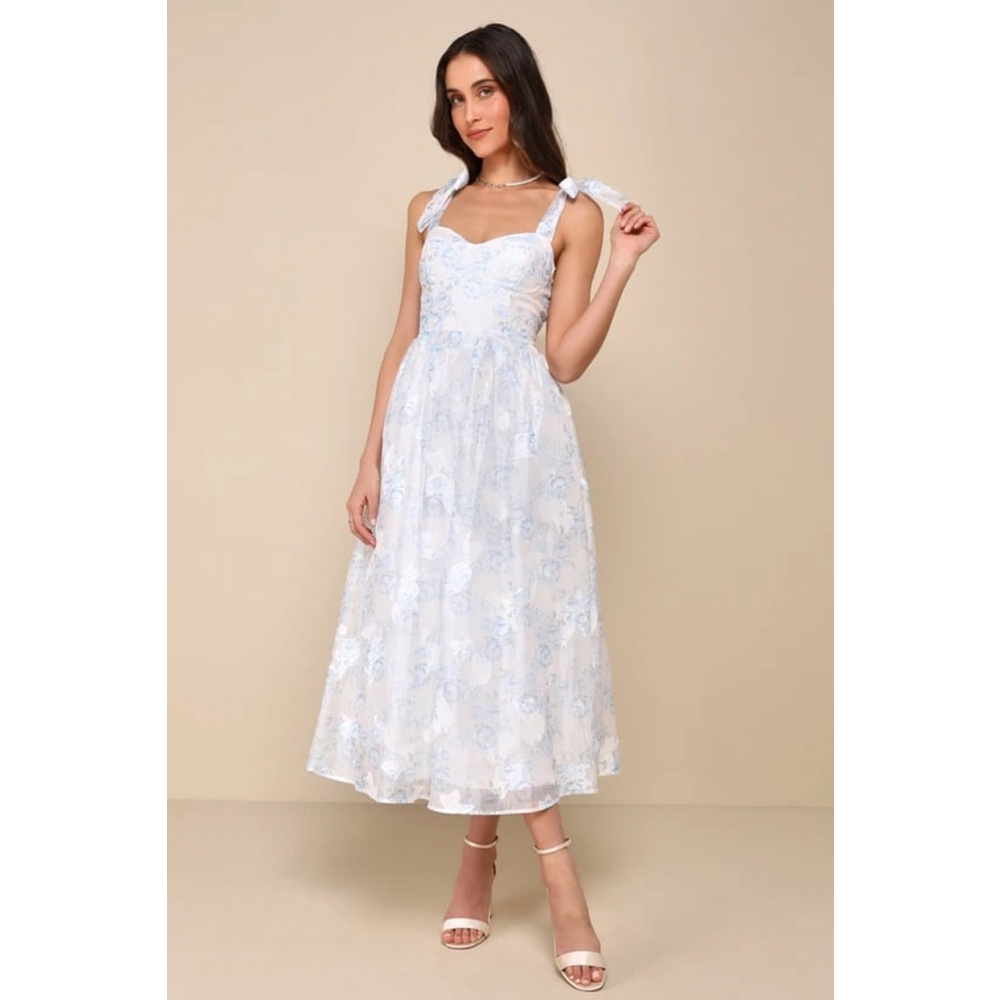 NWT Lulus Beautifully Adored Floral Burnout Tie-Strap Midi Dress